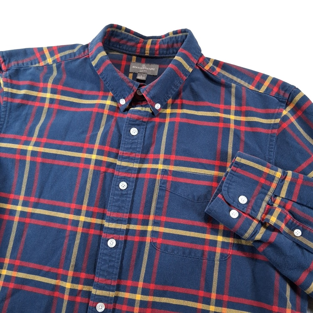 L.L. Bean Signature Flannel Shirt Mens L Blue Plaid Slim Fit Heavyweight Cotton